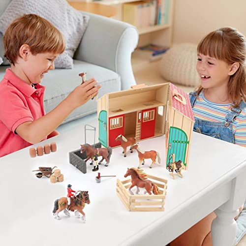 Flyintoys Farm Animals Figures Playset with Stable,Farm Toys Set with Farmers,Horse and Fence Farm Vehicle Playset,Educational Toys for Kids Boys Girls Toddlers Pretend Play by FLYINTOYS