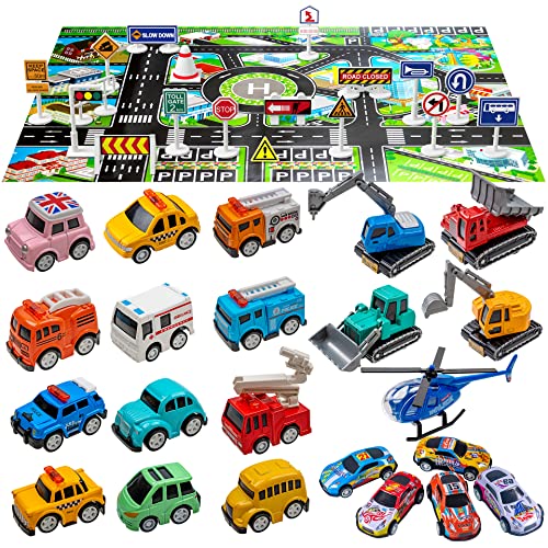 20 Pack Pull Back Alloy Car Toy with Play Mat for Kids 4-8-12, Alloy Fire Truck, Police Car, Engineering Vehicle, Ambulance, Helicopter with 18 PCS Traffic Sign Gift for Boys and Girls from FTBox