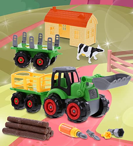 Mozlly Farm Tractor Building Kit â DIY Assemble Educational Farm Vehicle Toys with 1 Loading Dump Trailer, 1 Barn, 1 Log Transporter, and Screwdriver â Fun Play Truck Set with Animals for Kids by Puzzled, Inc