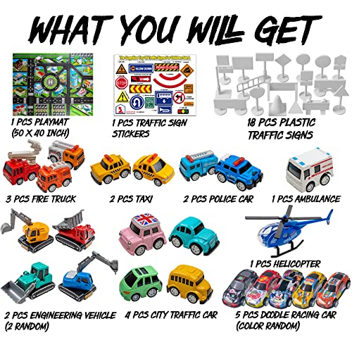 20 Pack Pull Back Alloy Car Toy with Play Mat for Kids 4-8-12, Alloy Fire Truck, Police Car, Engineering Vehicle, Ambulance, Helicopter with 18 PCS Traffic Sign Gift for Boys and Girls from FTBox