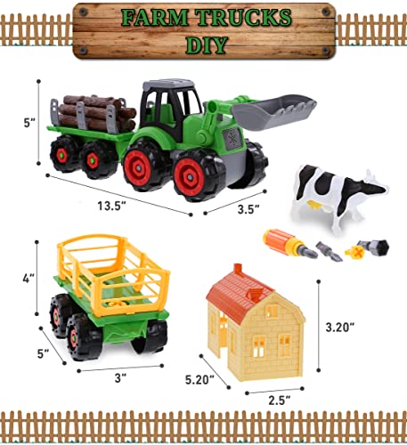 Mozlly Farm Tractor Building Kit â DIY Assemble Educational Farm Vehicle Toys with 1 Loading Dump Trailer, 1 Barn, 1 Log Transporter, and Screwdriver â Fun Play Truck Set with Animals for Kids by Puzzled, Inc