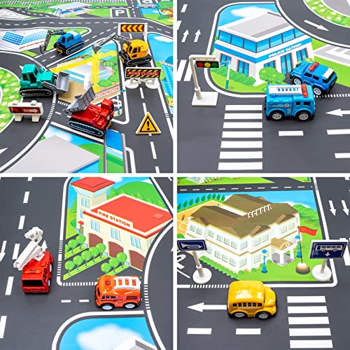 20 Pack Pull Back Alloy Car Toy with Play Mat for Kids 4-8-12, Alloy Fire Truck, Police Car, Engineering Vehicle, Ambulance, Helicopter with 18 PCS Traffic Sign Gift for Boys and Girls from FTBox