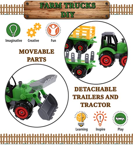 Mozlly Farm Tractor Building Kit â DIY Assemble Educational Farm Vehicle Toys with 1 Loading Dump Trailer, 1 Barn, 1 Log Transporter, and Screwdriver â Fun Play Truck Set with Animals for Kids by Puzzled, Inc
