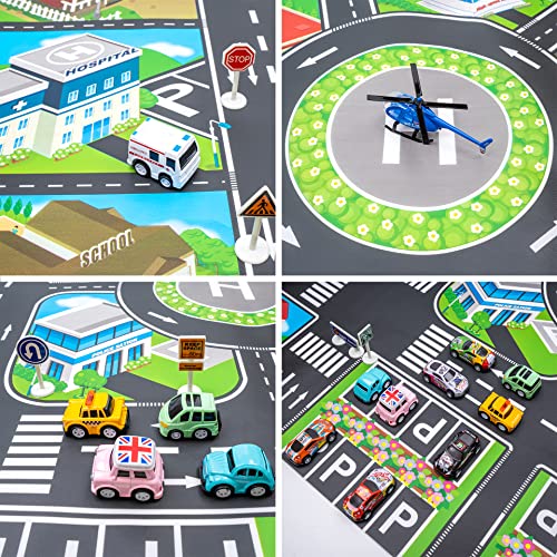 20 Pack Pull Back Alloy Car Toy with Play Mat for Kids 4-8-12, Alloy Fire Truck, Police Car, Engineering Vehicle, Ambulance, Helicopter with 18 PCS Traffic Sign Gift for Boys and Girls from FTBox