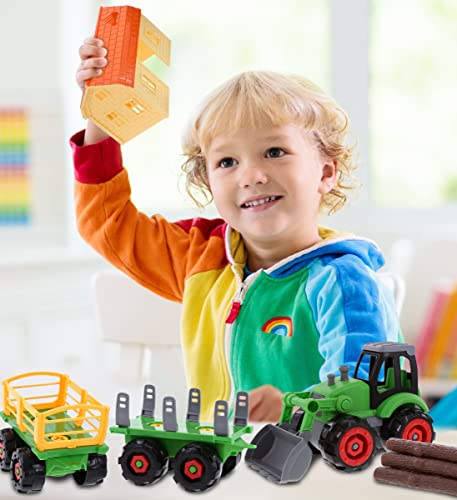 Mozlly Farm Tractor Building Kit â DIY Assemble Educational Farm Vehicle Toys with 1 Loading Dump Trailer, 1 Barn, 1 Log Transporter, and Screwdriver â Fun Play Truck Set with Animals for Kids by Puzzled, Inc
