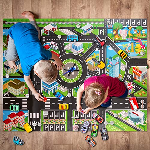 20 Pack Pull Back Alloy Car Toy with Play Mat for Kids 4-8-12, Alloy Fire Truck, Police Car, Engineering Vehicle, Ambulance, Helicopter with 18 PCS Traffic Sign Gift for Boys and Girls from FTBox