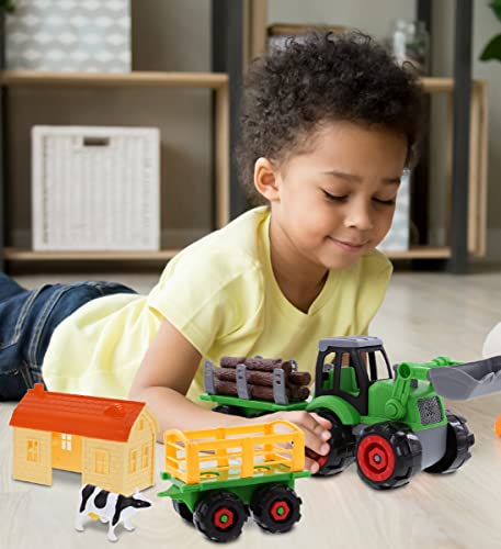 Mozlly Farm Tractor Building Kit â DIY Assemble Educational Farm Vehicle Toys with 1 Loading Dump Trailer, 1 Barn, 1 Log Transporter, and Screwdriver â Fun Play Truck Set with Animals for Kids by Puzzled, Inc