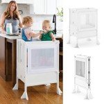 Guidecraft Contemporary Double Kitchen Helper Stool with 2 Keepers - White: Extra Wide, Adjustable Height Counter Step Stool for Kids, Children Furniture by Guidecraft