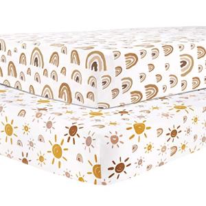 Babebay Fitted Crib Sheets for Boys and Girls, Baby Crib Sheet Neutral for Standard Crib Mattress & Toddler Bed Mattress, Soft and Safe Jersey Knit Cotton, 2 Pack (Rainbow and Sun) from Babebay