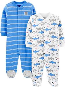 Simple Joys by Carter's Boys' 2-Pack Cotton Snap Footed Sleep and Play, Blue Shark, 0-3 Months by Carter's Simple Joys -Private Label -Vendor Flex CRI