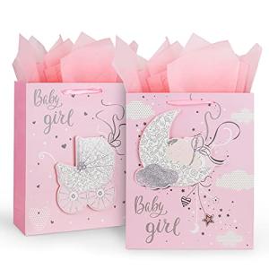 Baby Girl Gift Bags for Baby Showers 12.5" Medium with Tissue Papers 2-Pack (Pink) from 