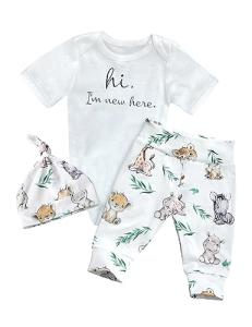 WIQI Newborn Boy Clothes White Letter Print Romper Baby Boy Summer Clothes Animal Pants Hat 3pcs Set by 