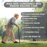 Humobi Foldable Walking Cane for Men & Women - Collapsible Walking Stick with 5 Height Settings - Incl. Extra Wide Pivoting Tip for Stability by Humobi