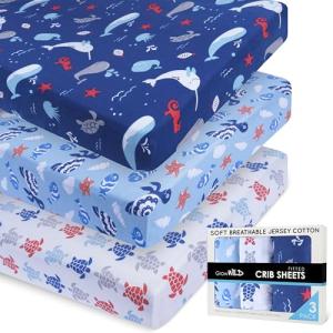 GROW WILD Crib Sheets for Boys or Girls | 3 Pack Soft Jersey Cotton Fitted Crib Sheets Neutral | White Blue Baby Crib Sheets for Girl, Crib Mattress Sheet or Toddler Bed Sheets | Ocean Whale Narwhal from Grow Wild