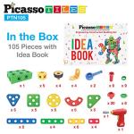 PicassoTiles STEM Learning Toys 105 Piece Building Block Set Kids Construction Engineering Kit Toy Blocks Children Early Education Playset w/ IdeaBook, Power Drill, Clickable Ratchet, Age 3+ PTN105 by Picassotiles