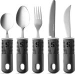 Special Supplies Adaptive Utensils (5-Piece Kitchen Set) Wide, Non-Weighted, Non-Slip Handles for Hand Tremors, Arthritis, Parkinsonâs or Elderly use - Stainless Steel Knives, Fork, Spoons - Black from Special Supplies