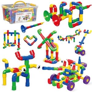 PicassoTiles PTT136 136pcs Tubular Pipes & Spout STEAM Interlocking Educational Building Block Set, Tube Locks, Pipeworks Construction Blocks w/ Storage Container Box, Idea Book, Flute Musical Kit from PicassoTiles