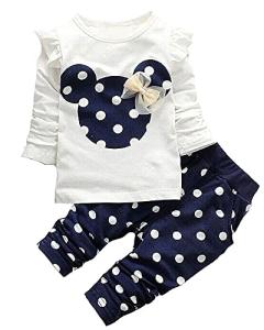 Cute Toddler Baby Girls Clothes Set Long Sleeve T-Shirt and Pants Kids 2pcs Outfits(White+Navy,2T) by 