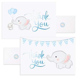 Baby Nest Designs, Baby Shower Thank You Cards Boy. Bulk Set of 50 Elephant Blue Thank You Cards with Envelopes for Small Thank You Notes - Blank Inside Baby Shower Card Pack with Sealing Stickers from Feriga Designs, LLC