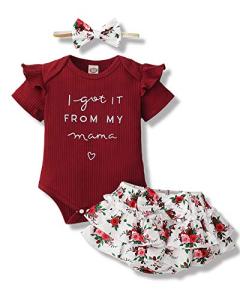 Infant Baby Girl Clothes Romper Shorts Set Floral Baby Girls' Clothing Ruffle Baby Girl Stuff Cute Baby Girl Gifts Maroon 6 to 12 Months Baby Girl Clothes by 
