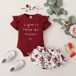 Infant Baby Girl Clothes Romper Shorts Set Floral Baby Girls' Clothing Ruffle Baby Girl Stuff Cute Baby Girl Gifts Maroon 6 to 12 Months Baby Girl Clothes by 