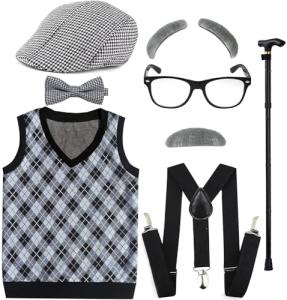 Kids 100 Days of School Costume for Boys - Halloween Old Man Costume Hat, Glasses and Grandpa Vest Set for Child,LightGrey1-4 by EFORLED