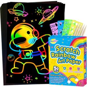 RMJOY Rainbow Scratch Paper Sets: 50pcs Magic Art Craft Scratch Off Papers Supplies Kits Pad for Age 3-12 Kids Girl Boy Teen Toy Game Gift for Birthday|Party Favor|DIY Activities|Painting Game Gifts from RMJOY