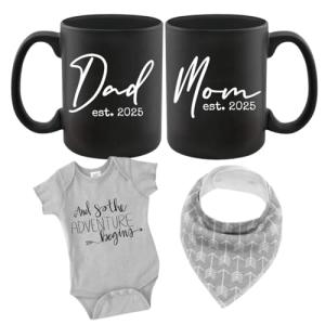 Pregnancy Gift Est 2021 - New Mommy and Daddy Est 2021 11 oz Mug Heart Set with"Let Adventure Begin" Romper (0-3 Months) - Top Mom and Dad Gift Set for New and Expecting Parents to Be - Baby Shower from Everyday Hero Co