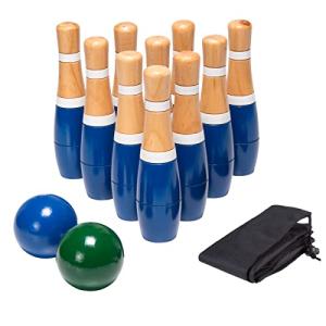 Hey! Play! Backyard Lawn Bowling Game â Indoor and Outdoor Family Fun for Kids and Adults â 10 Wooden Pins, 2 Balls, and Mesh Carrying Bag (8-Inch) from Trademark Global