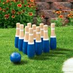 Hey! Play! Backyard Lawn Bowling Game â Indoor and Outdoor Family Fun for Kids and Adults â 10 Wooden Pins, 2 Balls, and Mesh Carrying Bag (8-Inch) from Trademark Global