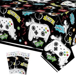 Watercolor Video Game Party Tablecloth - 2 Pack 54'' x 108'' Video Game Party Supplies for Boys Birthday Party Decoration Disposable Plastic Table Cover for Kids Player Geek Game Themed Party from WERNNSAI
