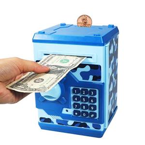 Suliper Electronic Piggy Bank Code Lock for Kids Baby Toy, Mini ATM Safe Coin Cash Banks Real Money Saving Box with Password, Auto Money Scroll for Children,Boys Girls Birthday Gift (Camouflage Blue) from Suliper