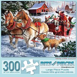 Bits and Pieces - 300 Piece Jigsaw Puzzle for Adults 18" x 24" - Taking A Ride - 300 pc Horse and Buggy, Farm Animal Winter Scene Jigsaw by Artist Larry Jones from Melville Direct
