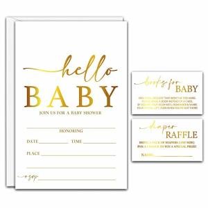 ZIIUFRN 25 Classic Gold Baby Shower Invitations with Envelopes, Baby Shower Diaper Raffle Tickets and Books for Baby Cards-A07 from ZIIUFRN
