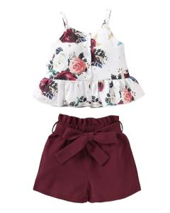 Kucnuzki Toddler Baby Girl Clothes Summer Outfits Ruffle Sleeveless Linen Shirt Kid Short Set for Girl (2T / 3T, Y Maroon) from Kucnuzki