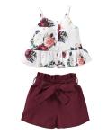 Kucnuzki Toddler Baby Girl Clothes Summer Outfits Ruffle Sleeveless Linen Shirt Kid Short Set for Girl (2T / 3T, Y Maroon) from Kucnuzki
