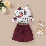 Kucnuzki Toddler Baby Girl Clothes Summer Outfits Ruffle Sleeveless Linen Shirt Kid Short Set for Girl (2T / 3T, Y Maroon) from Kucnuzki