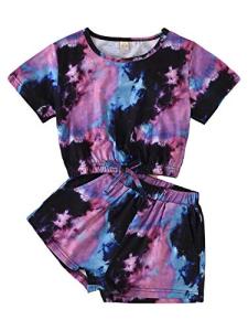Little Girls Summer Clothes Tie-Dye Print Round Collar Short Sleeve Pullover Top+Elastic Waist Shorts 2Pcs Set Outfits (Purple, 6-7 Years) by Comoraecos