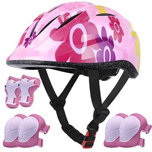 Kids Helmet Adjustable with Sports Protective Gear Set Knee Elbow Wrist Pads for Toddler Ages 4 to 10 Years Old Boys Girls Cycling Skating Scooter Helmet - (Pink Sun Flower) from Lamsion