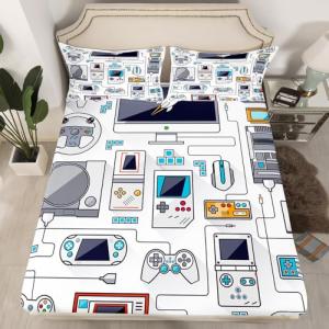 Boys Game Fitted Sheet Gamepad Printed Bedding Set for Kids Teens Videogame Controller Fitted Bed Sheet Gaming Console Bedding Decor Set Twin Size 1 Fitted Sheet with 1 Pillow Case(No Top Sheet) from Erosebridal