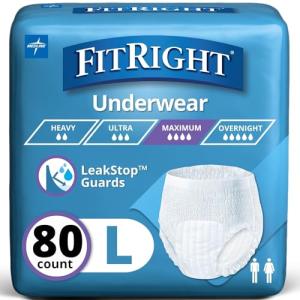 Medline FitRight Super Adult Incontinence Underwear, Maximum Absorbency, Large, 40"-56", 4 Packs of 20 (80 Total) FIT33505A from Medline Industries Healthcare
