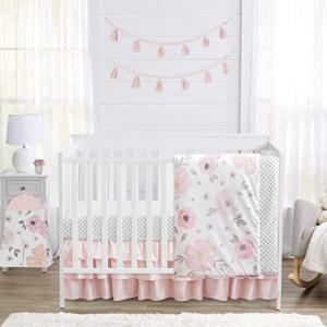 4 pc. Blush Pink, Grey and White Watercolor Floral Baby Girl Crib Bedding Set by Sweet Jojo Designs - Rose Flower Polka Dot from Sweet Jojo Designs