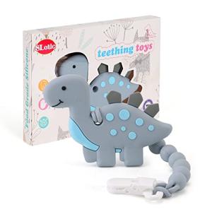 Baby Teething Toys for Babies 3-6 6-12 Months, Dinosaur Teether Pain Relief Toy with One Piece Design Pacifier Clip Holder Set, Freezer Safe Neutral Shower Gift for Boys and Girls (Grey) by Slotic