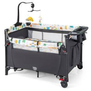 BABY JOY 5-in-1 Pack and Play, Baby Bedside Sleeper with Bassinet, Multifunction Bed Side Sleeper w/U-Shaped Diaper Changer, Safety Strap, Side Package, Music Box & Hanging Toys, Carrying Bag (Grey) from BABY JOY