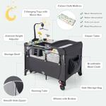 BABY JOY 5-in-1 Pack and Play, Baby Bedside Sleeper with Bassinet, Multifunction Bed Side Sleeper w/U-Shaped Diaper Changer, Safety Strap, Side Package, Music Box & Hanging Toys, Carrying Bag (Grey) from BABY JOY