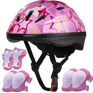Kids Helmet Adjustable for Kids Ages 3-8 Years Old Boys Girls, Toddler Bike Helmet with Protective Sports Gear Set Knee Elbow Pads Wrist Guards for Cycling Roller Skating Skateboard-(Pink Star) from Lamsion