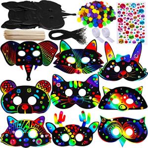 Winlyn 27 Sets Magic Scratch Off Art Rainbow Magic Scratch Paper Animal Masks Owl Rabbit Tiger Wolf Bear Squirrel Fox Bear Elephant Cutouts Face Masks for Kids Jungle Forest Animal Birthday Party Activities from Winlyn