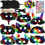 Winlyn 27 Sets Magic Scratch Off Art Rainbow Magic Scratch Paper Animal Masks Owl Rabbit Tiger Wolf Bear Squirrel Fox Bear Elephant Cutouts Face Masks for Kids Jungle Forest Animal Birthday Party Activities from Winlyn