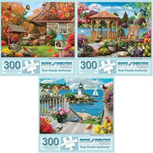 Bits and Pieces - Value Set of (3) 300 Piece Jigsaw Puzzles for Adults - Each Puzzle Measures 18" x 24" - 300 pc Autumn Well Wishes, Seacost Serenity, Floral Fantasy Jigsaws by Artist Alan Giana by Melville Direct