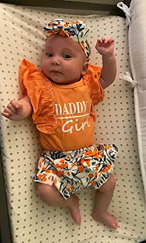 Baby Girls Clothes Short Sleeve Funny Letter Romper Top and Floral Pant with Headband Newborn Girl Summer 3Pcs Outfit Sets Light Orange by 